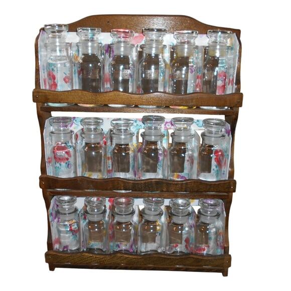 Wooden 3-Tier Spice Rack w/18 Apothecary Style Bottles Made in Japan Vintage MCM